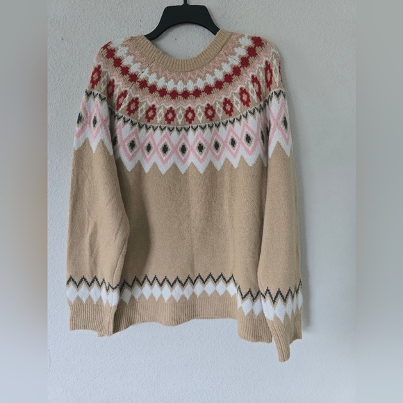 Holiday Time Sweater Women 2X Plus Long Sleeve Grannycore Tan Red Fair Isle New - Picture 12 of 15